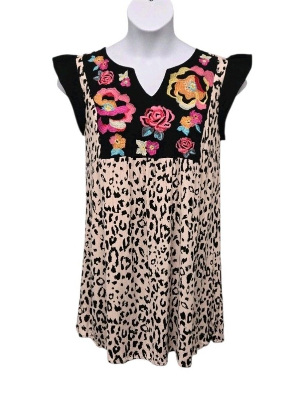 Savanna Jane Medium Floral Embroidered Leopard Print Shift Dress Artsy Boho